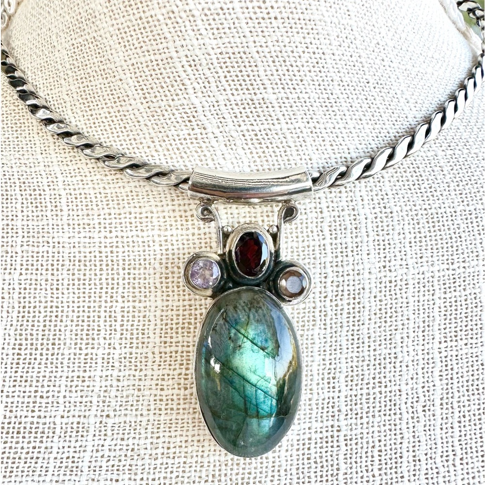 Beautiful lg labradorite pendant amethyst garnet topaz sterling silver stunning - Picture 4 of 8